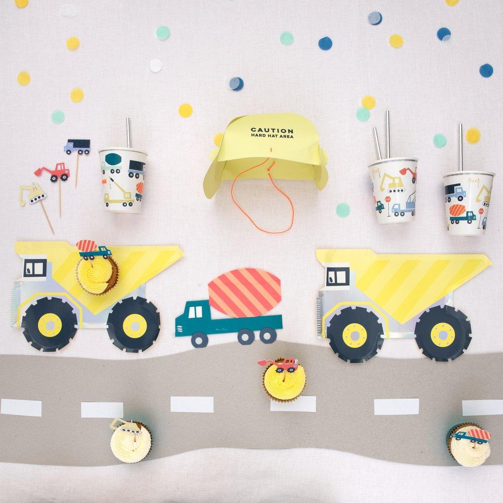 Dump trucks, diggers, and cement trucks Oh My!  Oh So Fancy Party has all your construction party decorations and tableware to make your event a success.