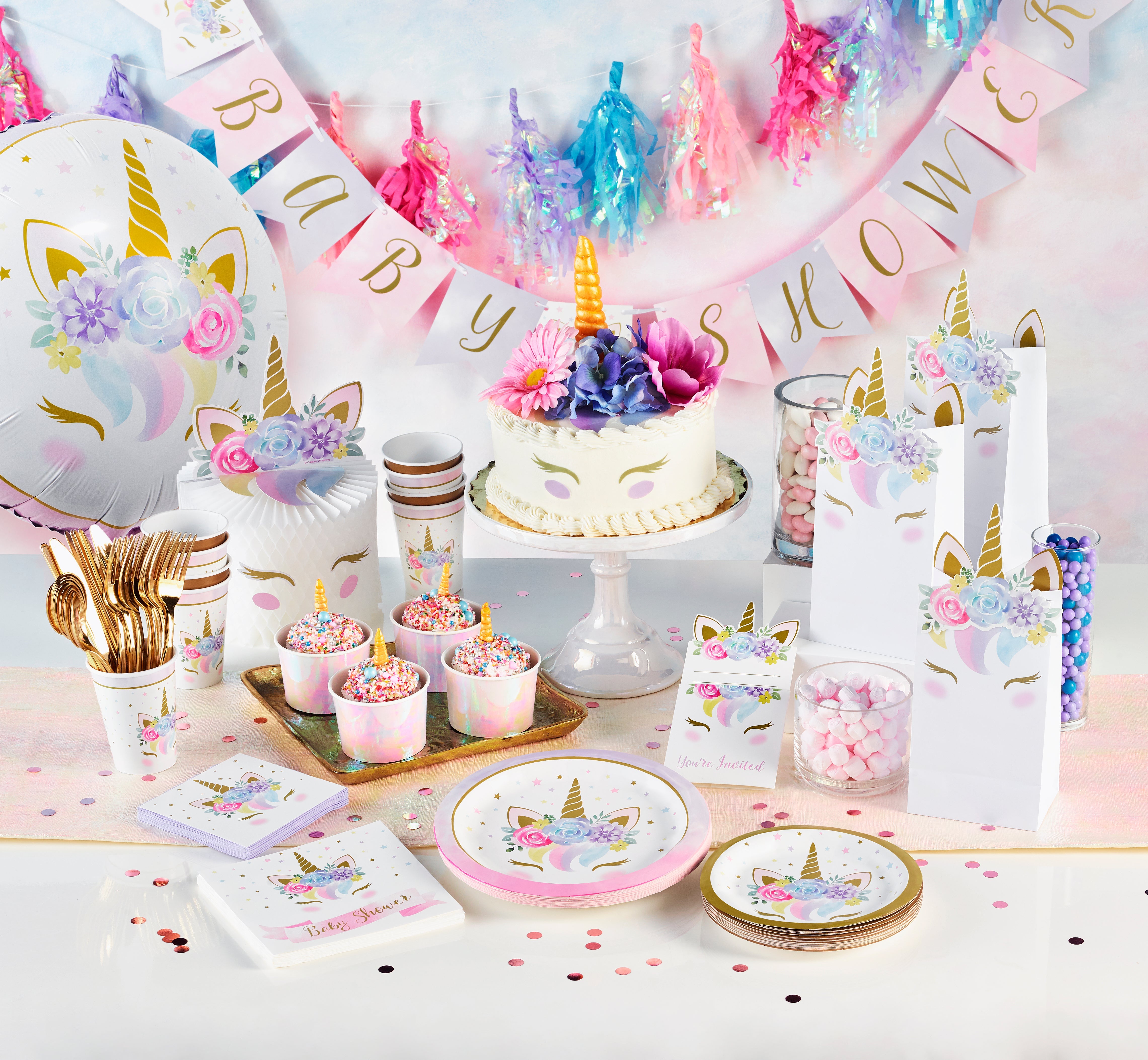 The unicorn shaped party plates, napkins, and candles are stunning and will take your unicorn theme to the next level. Your guests will be feeling the magic all day!