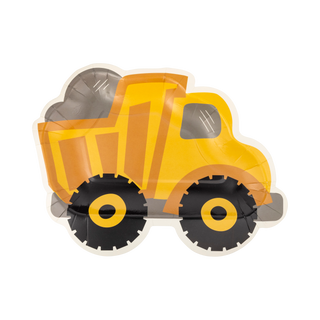 Yellow dump truck-shaped paper plate on a white background