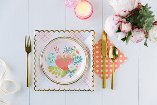 Coral and Gold Plaid Scallop Plates 