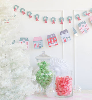 Village Christmas House and Wreath Banner Set / Vintage Row House Garland / Holiday Wreath Banner Set / Christmas Banners