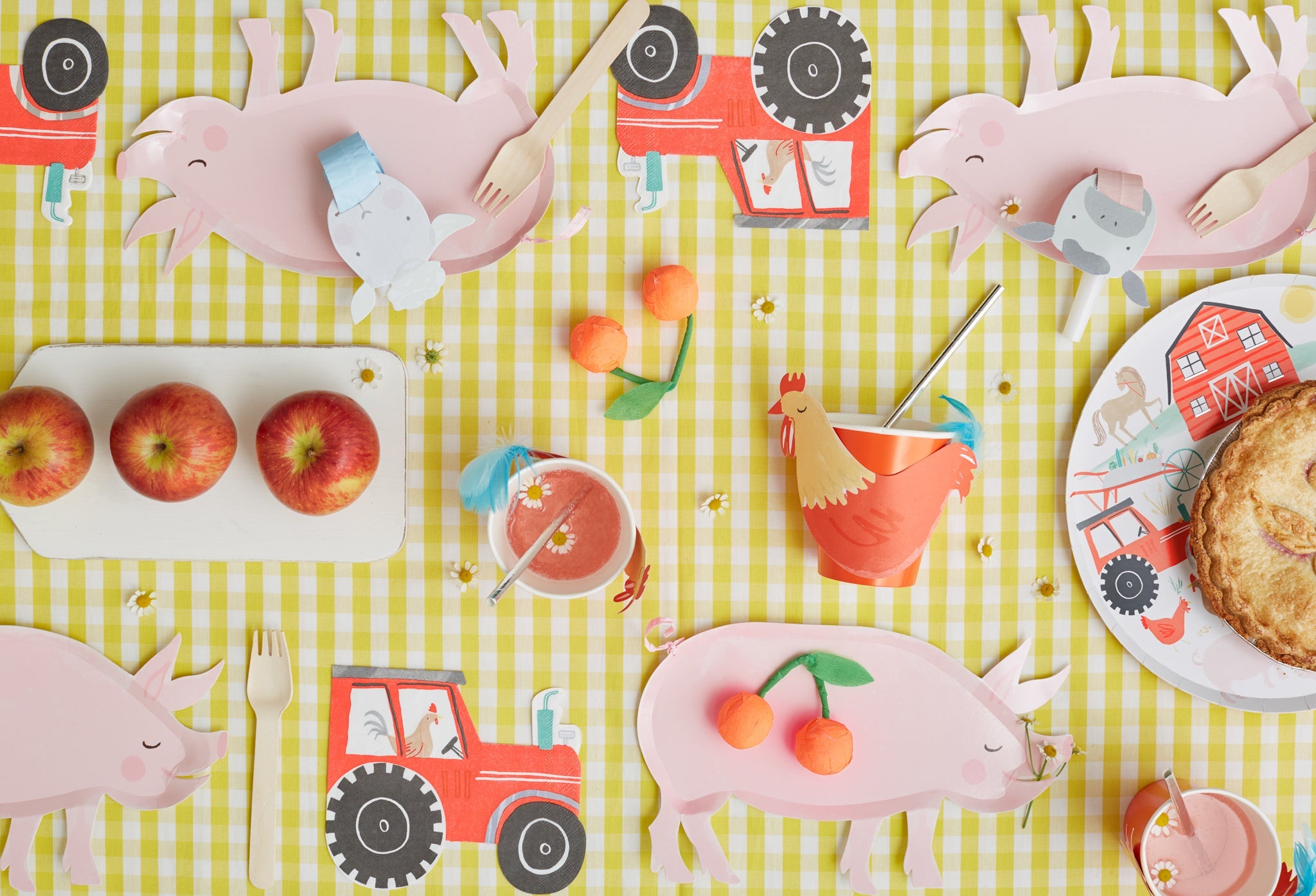 We love this colorful "On the Farm" tableware collection with their beautiful illustrations of a farmyard scene, complete with the farmhouse, a tractor, and farmyard animals! Perfect for baby shower or kids birthday party!