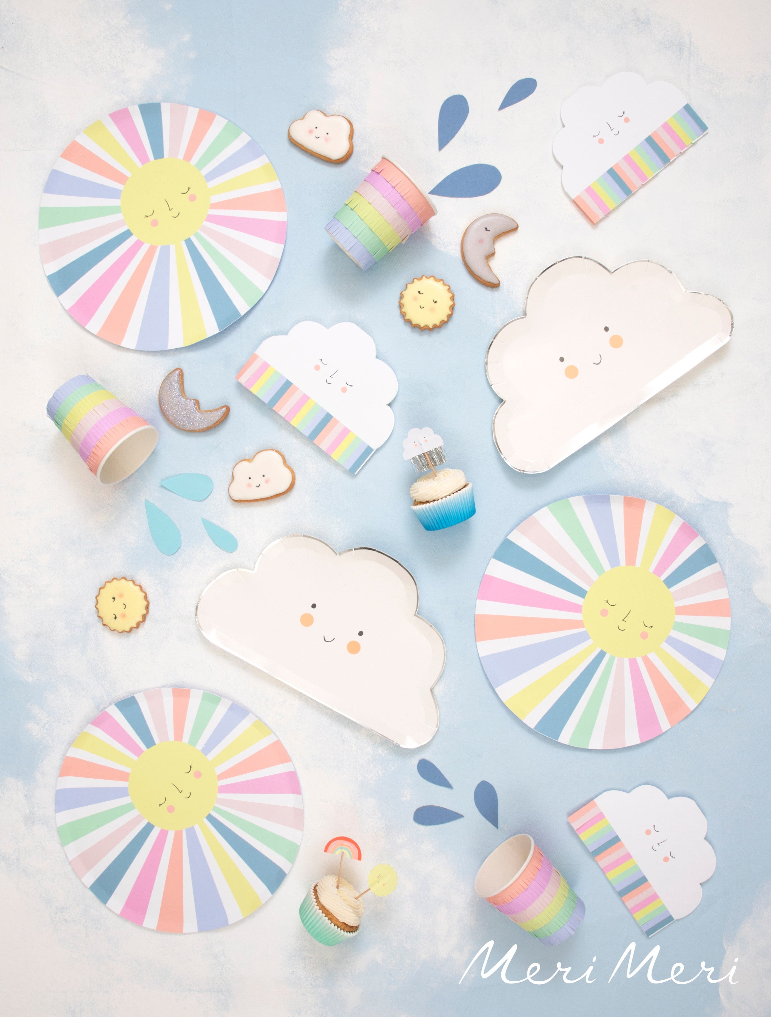 Add a happy smile to your table with  these sun plates or rainbow plates and napkins.