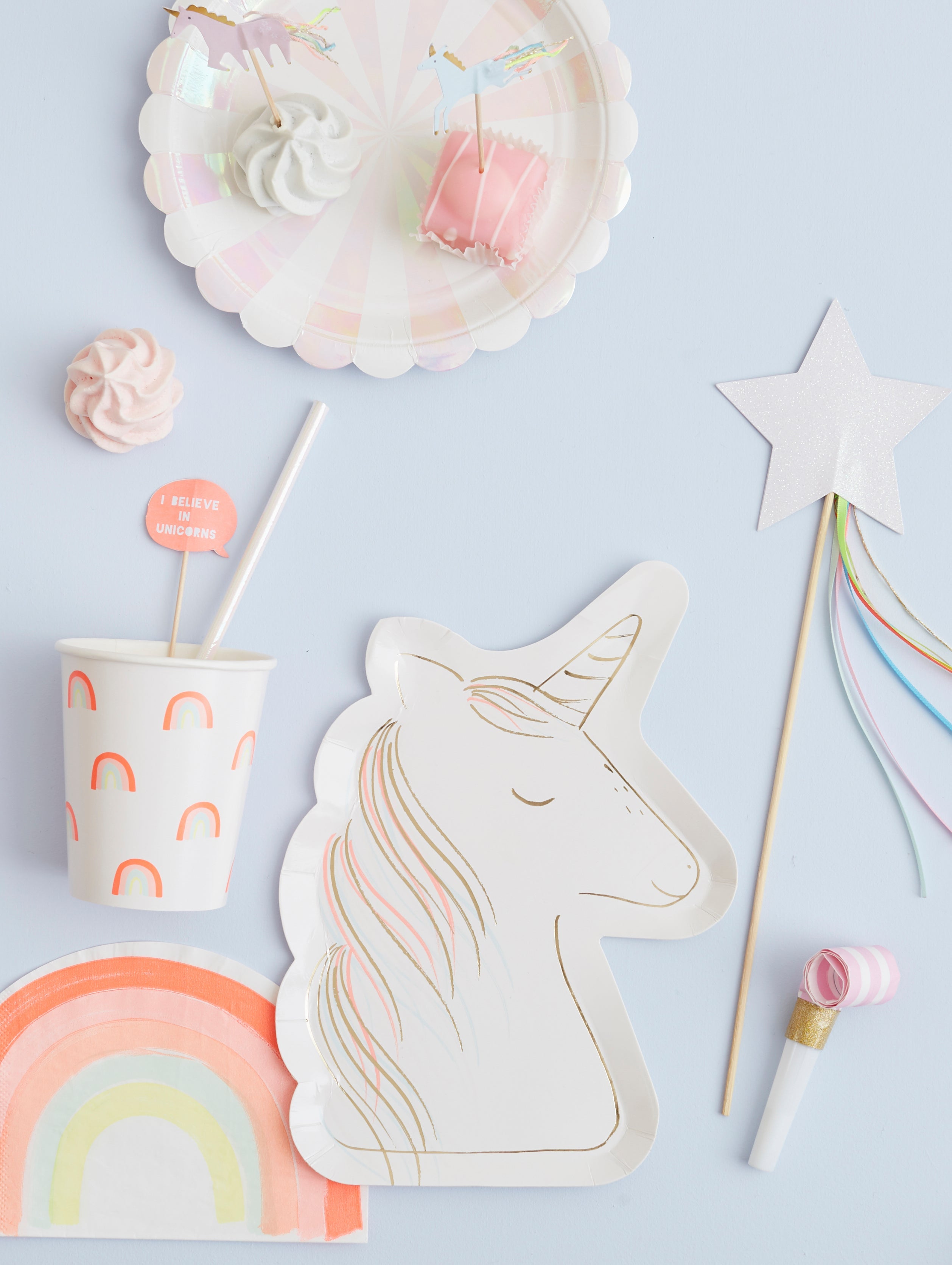 The unicorn shaped party plates, napkins, and candles are stunning and will take your unicorn theme to the next level. Your guests will be feeling the magic all day!