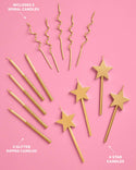 Novelty Gold Candles 14pc | birthday, star, glitter, cake