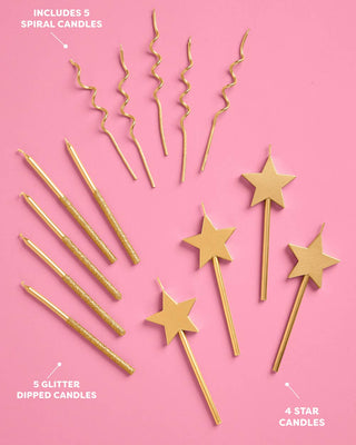 Novelty Gold Candles 14pc | birthday, star, glitter, cake