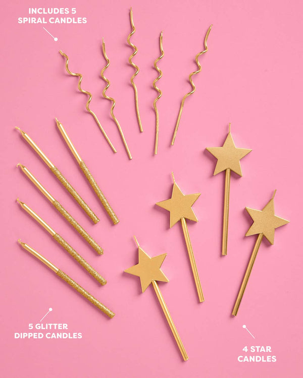 Novelty Gold Candles 14pc | birthday, star, glitter, cake