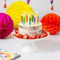 Birthday cake with lit candles on a white plate, surrounded by colorful paper decorations.