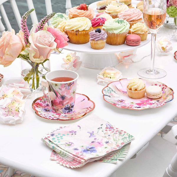 Pink Floral Paper Teacup with Saucer – Tea Party Table Decor