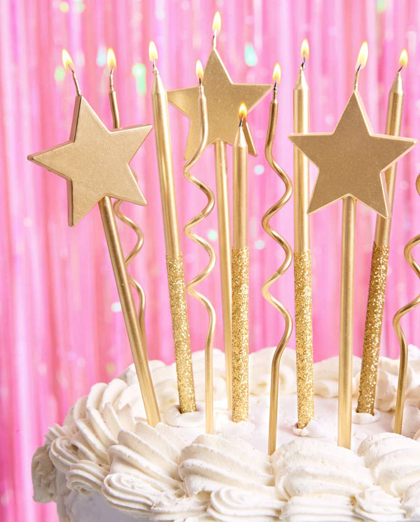 Novelty Gold Candles 14pc | birthday, star, glitter, cake