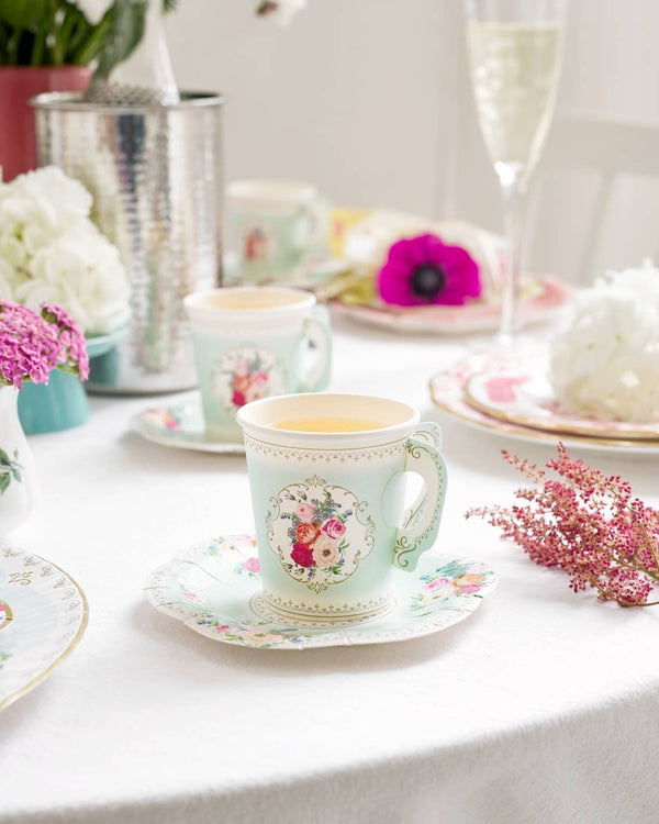 Mint Green Floral Paper Teacup with Saucer – Tea Party Decor