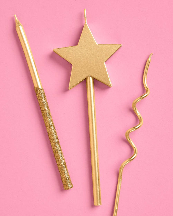 Novelty Gold Candles 14pc | birthday, star, glitter, cake