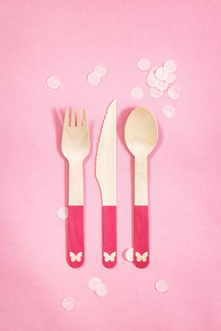 Pink Butterfly Wooden Cutlery Set