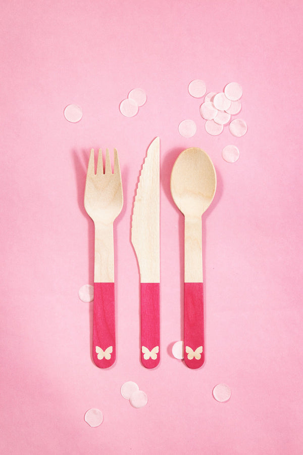 Pink Butterfly Wooden Cutlery Set