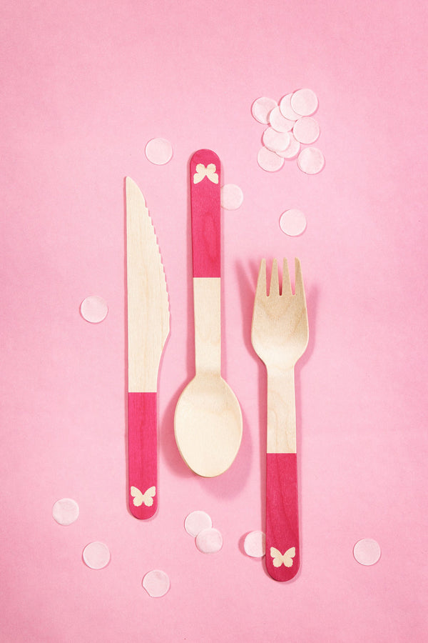 Pink Butterfly Wooden Cutlery Set