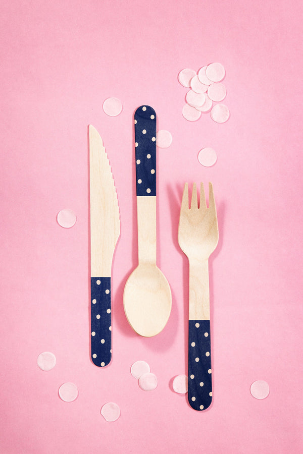 Navy Polka Dot Wood Utensil Set