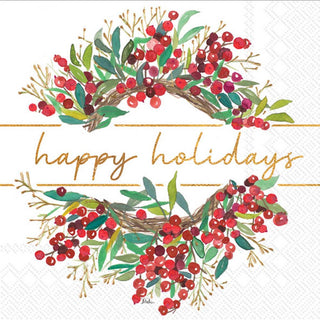 Happy Holidays Wreath Christmas Cocktail Napkins - 20 Count