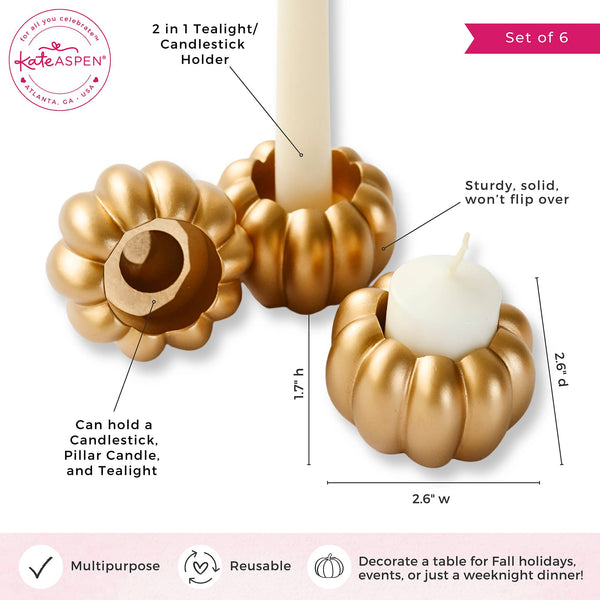 2-in-1 Pumpkin Tealight/Candlestick Holder (Set of 6) - Gold