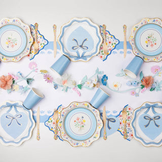 ELEGANT BLUE & GOLD BOW DINNER PLATES