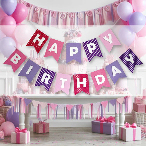 Reusable Happy Birthday Banner - Pink Purple Felt Party Decoration