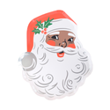 A festive plate shaped like Santa Claus's head, featuring a white beard, red hat, green holly leaves, and a silver bell, isolated on a white background.
