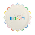 Round plate with colorful rim and 'it's your birthday!' text on a white background