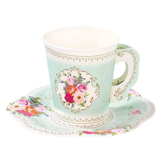 Mint Green Floral Paper Teacup with Saucer – Tea Party Decor