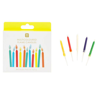 Packaging of multicolored flame candles with sample candles displayed.