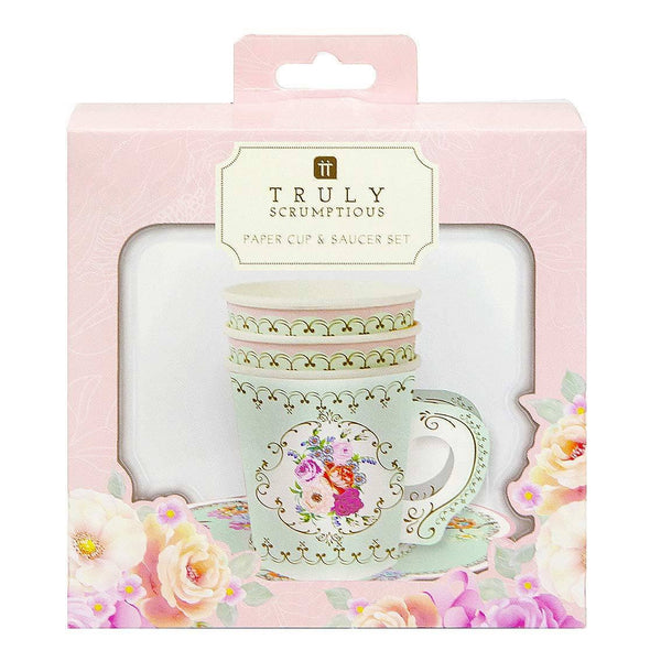Mint Green Floral Paper Teacup with Saucer – Tea Party Decor