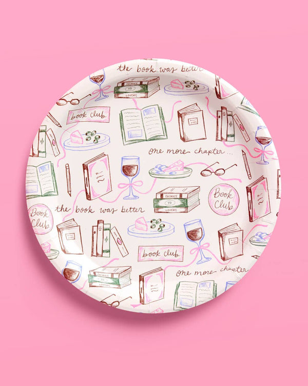 Decorative plate with book-themed illustrations on a pink background
