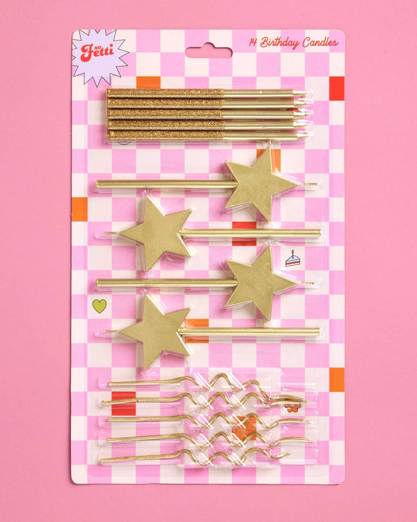 Novelty Gold Candles 14pc | birthday, star, glitter, cake
