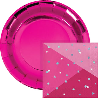 Hot Pink Metallic Party Plate and Napkin