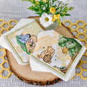 Stack of Winnie the Pooh-themed napkins on a wooden surface with flowers in the background.