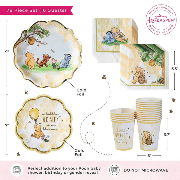 Winne the Pooh-themed party supplies set with plates, cups, and napkins by Kate Aspen.