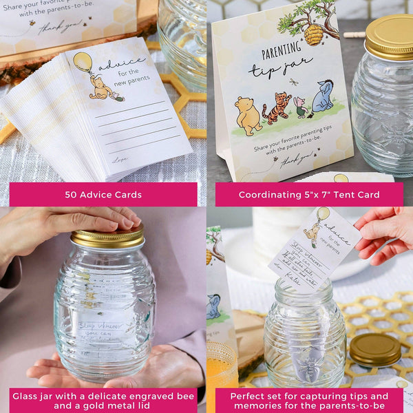 Glass jars with gold lids and advice cards for parents-to-be on a table.
