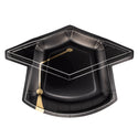 Black graduation cap plate with gold tassel on a white background