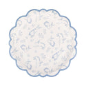 Round scalloped edge paper plate with blue animal pattern on a white background