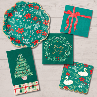 Christmas Floral Swan Print Large Green Napkins (Set of 20)