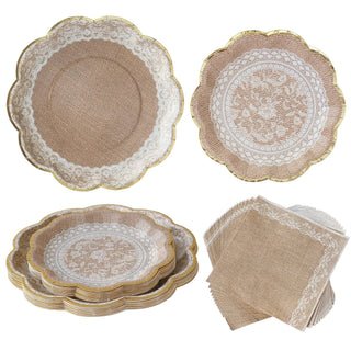 Set of lace-trimmed plates and napkins on a white background