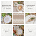 Collage of lace and burlap table settings with text describing features.