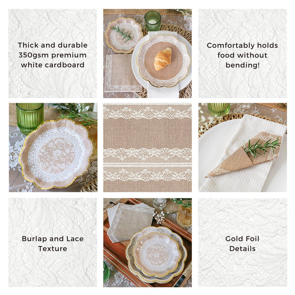 Collage of lace and burlap table settings with text describing features.