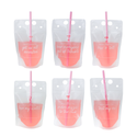 Set of six pink drink pouches with straws and humorous text on a white background