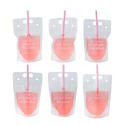 Set of six pink drink pouches with straws and humorous text on a white background