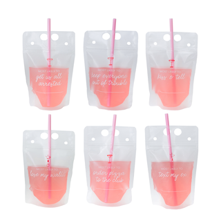 Set of six pink drink pouches with straws and humorous text on a white background