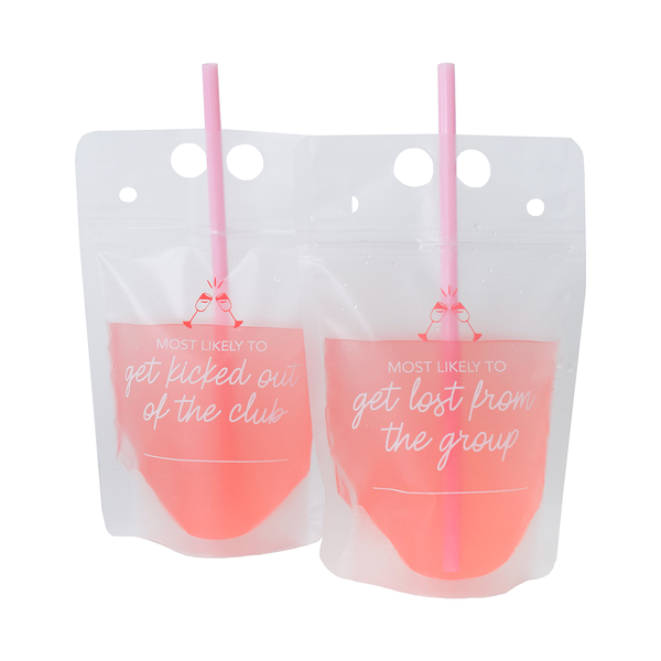 Two pink cups with straws and humorous text in clear packaging on a white background
