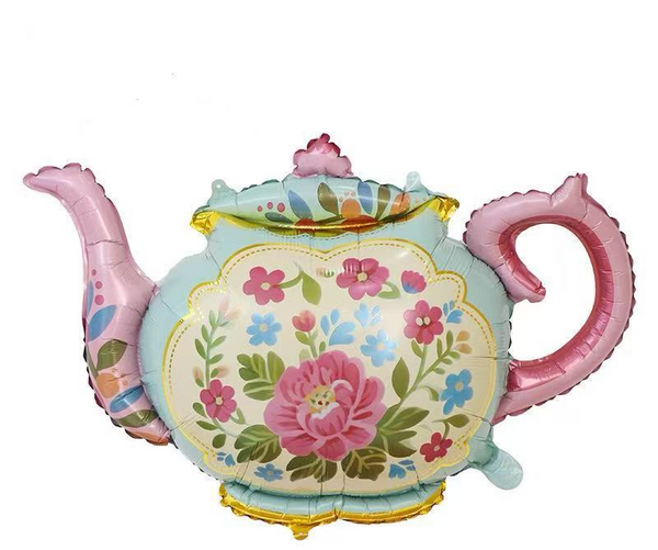 Decorative teapot-shaped balloon with floral design on a white background