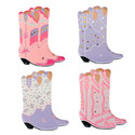 Set of colorful cowboy boots with floral and star patterns on a white background