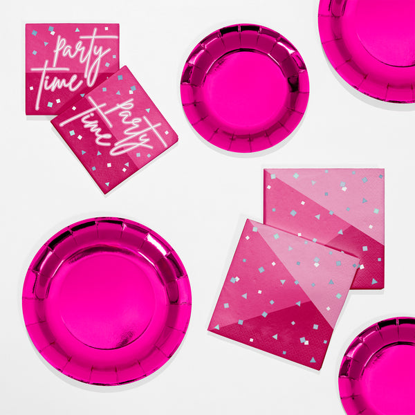 Hot Pink Metallic Party Plate and Party Time Napkin