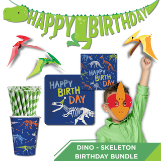 Dinosaur-themed birthday party supplies including cups, straws, plates, and a child wearing a mask with a skeleton design.