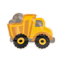 Yellow dump truck-shaped paper plate on a white background